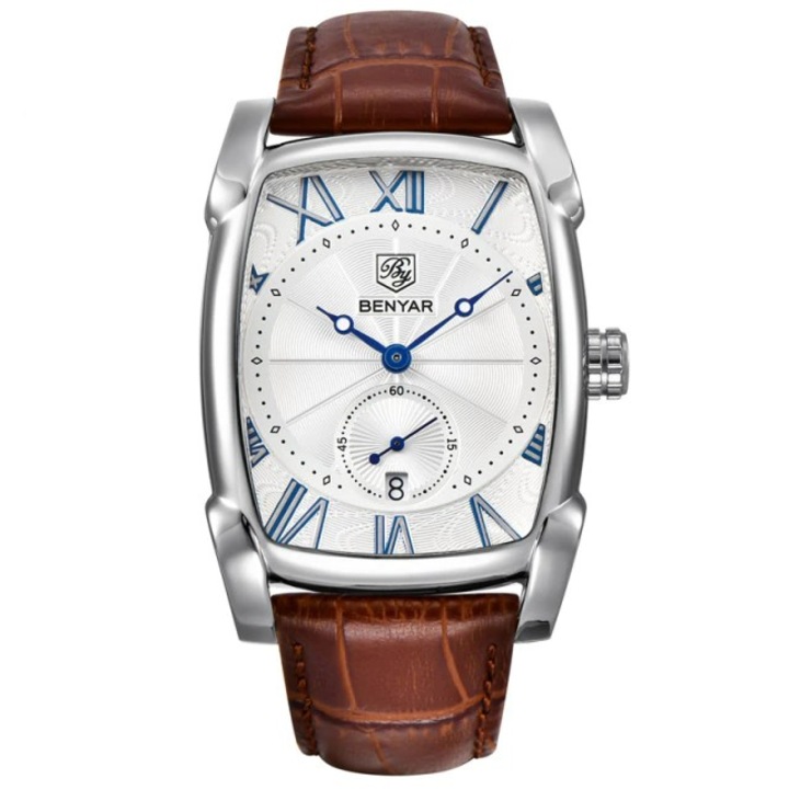 Класически елегантен кварцов мъжки часовник Benyar със сребърна кожена каишка