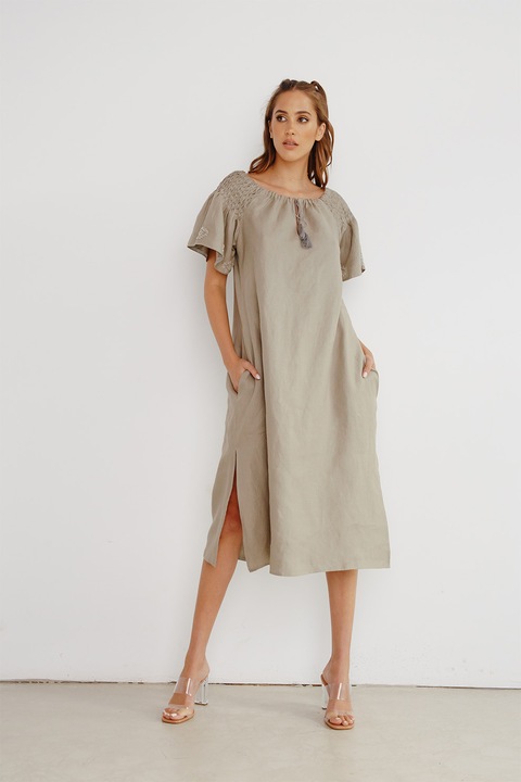 UVIA, Rochie midi de in cu detalii brodate manual, Maro nisip, S