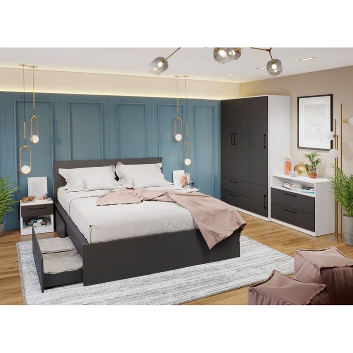 Set Dormitor Benjamin, C07, Pat netapitat 160x200, Dulap 124cm, Comoda, Noptiere, Culoare Gri/Alb