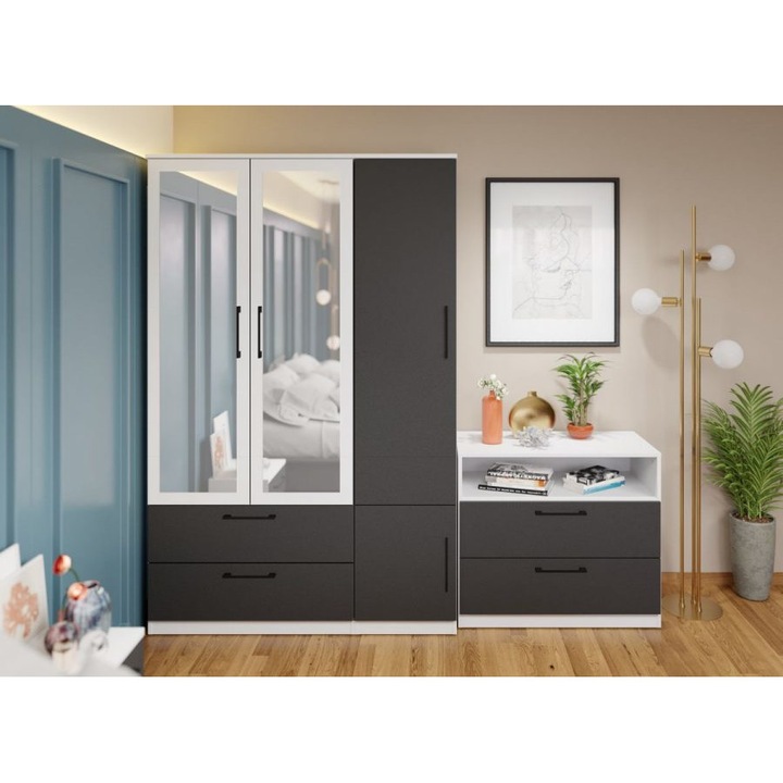 Dulap Benjamin, Gri/Alb, c124-04 cu oglinda, pal melaminat, L 124 x A 48 x H 192,5 cm