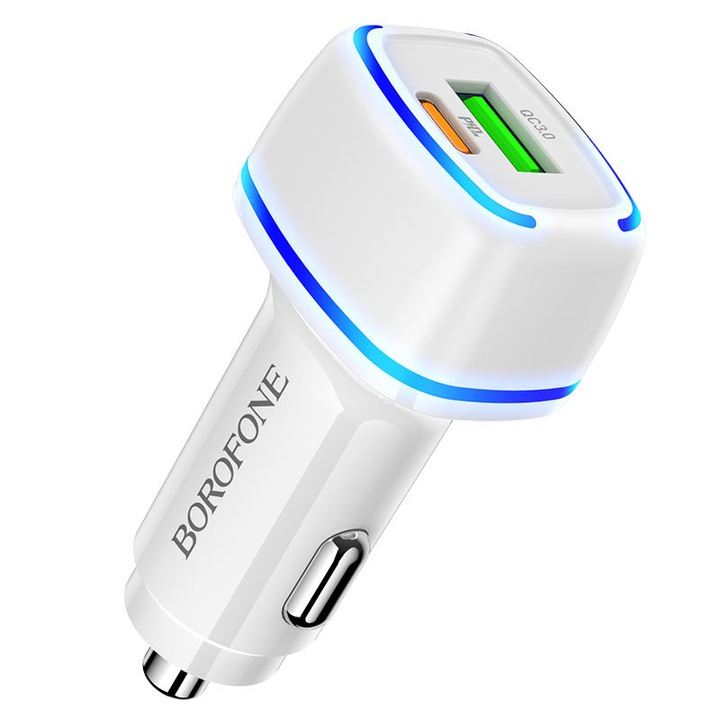 Borofone BZ14A Mercury autós töltő, USB és Type-C, QC 3.0, 20 W, fehér