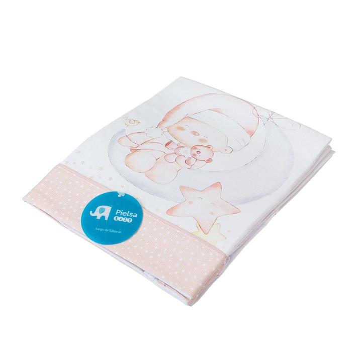 Set cearceafuri bebe, Pielsa Baby, 122202, 3 piese, Imprimeu ursulet somnoros, Bumbac, Alb/Maro, 120 x 60 cm