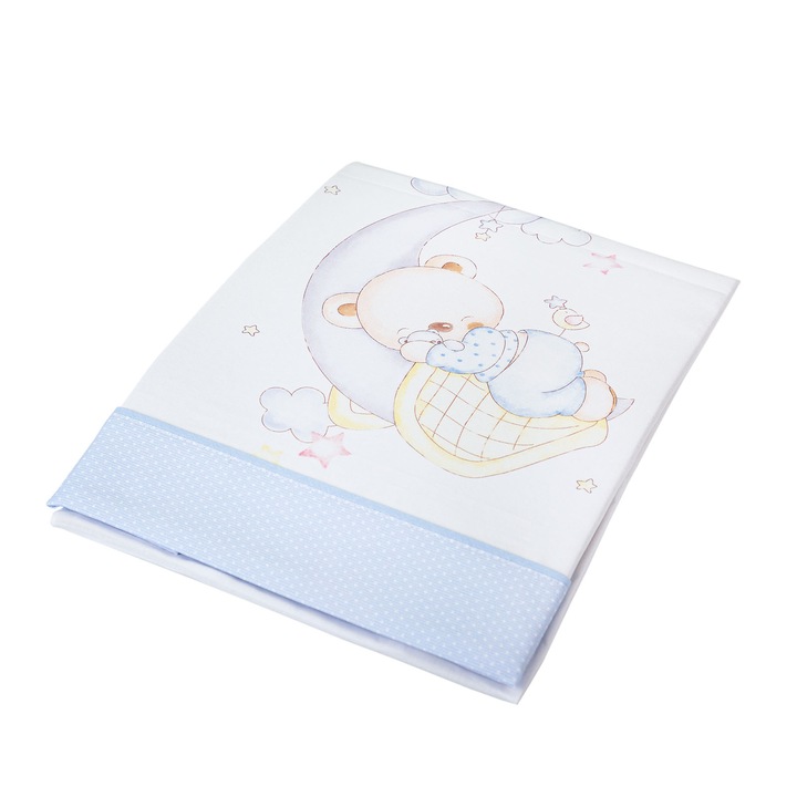 Set cearceafuri bebe, Pielsa Baby, 122199, 3 piese, Imprimeu ursulet somnoros, Bumbac, Alb/Albastru, 120 x 60 cm