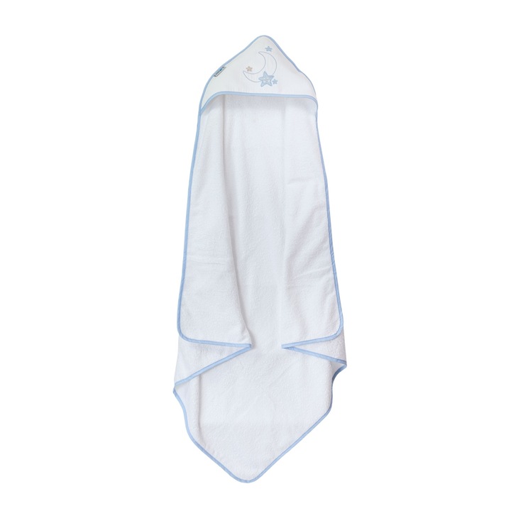 Prosop de baie cu gluga pentru copii, Pielsa Baby, Luna, Bumbac, 100 X 100 cm, Alb/Albastru
