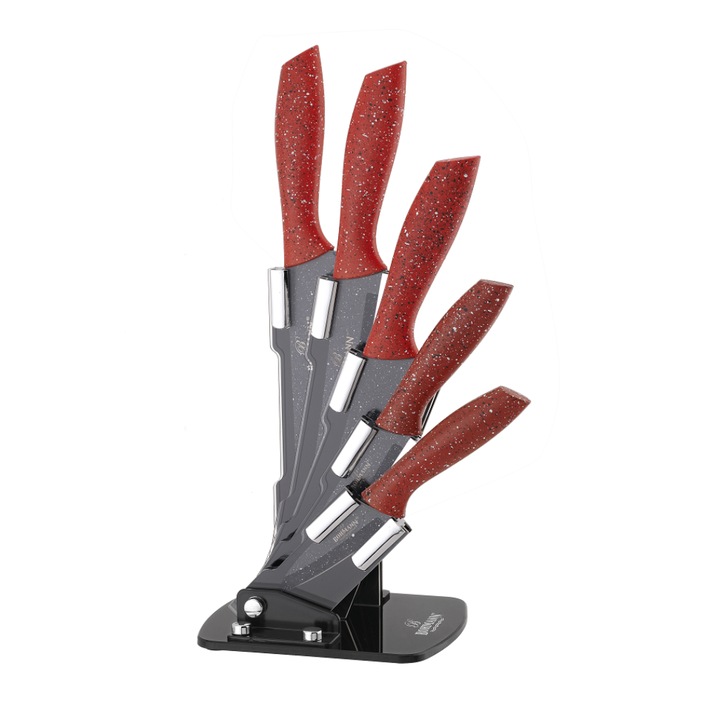 Bohmann BH 5256 6 részes rozsdamentes késkészlet tartóval, márvány bevonattal, piros
