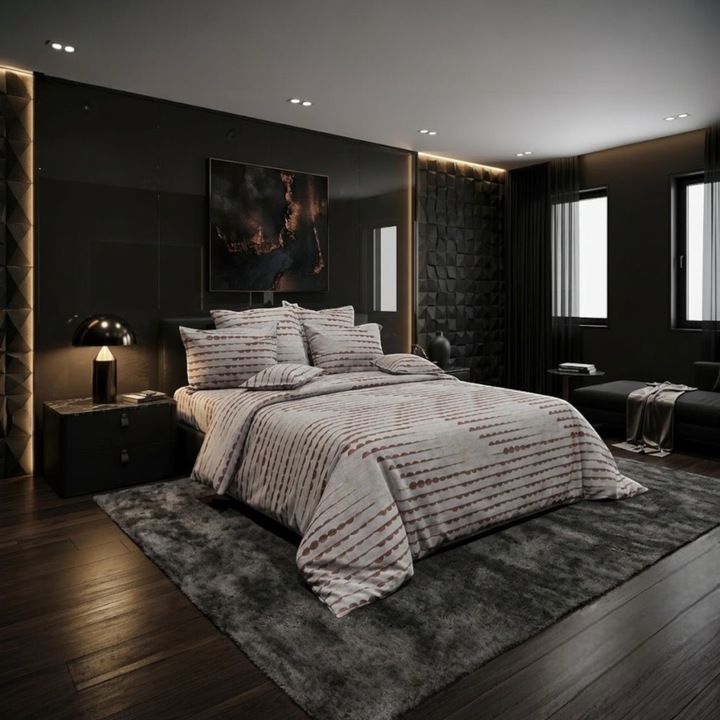 Lenjerie de pat gri cu maro, Casa Bumbac Textil by Edural, 2 persoane, 8 piese, multicolor, dimensiuni cearsaf 240/260 cm, 100% bumbac ranforce