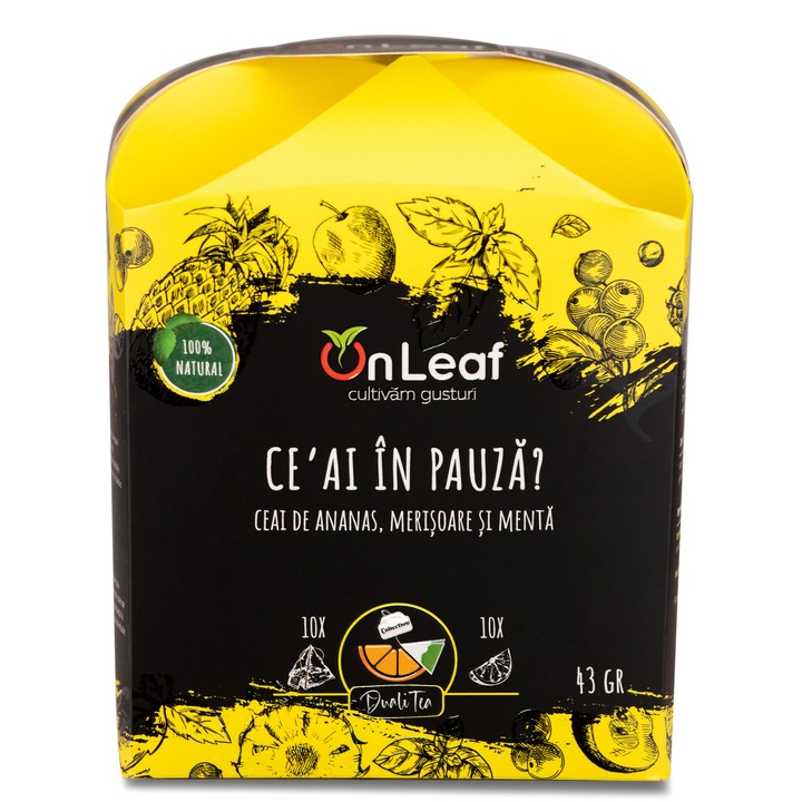 Ceai de Ananas, Merisoare si Menta, OnLeaf, 10 pliculete si 10 bucatele de Fructe Deshidratate, 43 gr
