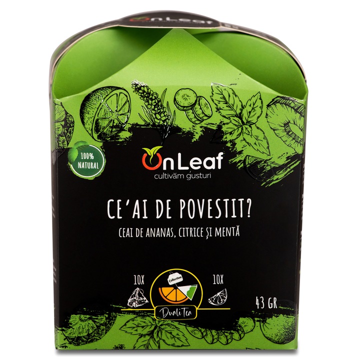 Ceai de Ananas, Citrice si Menta, OnLeaf, 10 pliculete si 10 bucatele de Fructe Deshidratate, 43 gr