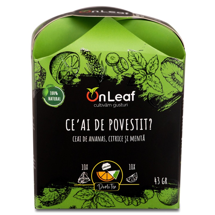 Чай от ананас, цитрус и мента, OnLeaf, 10 сашета и 10 броя дехидратирани плодове, 43 гр.