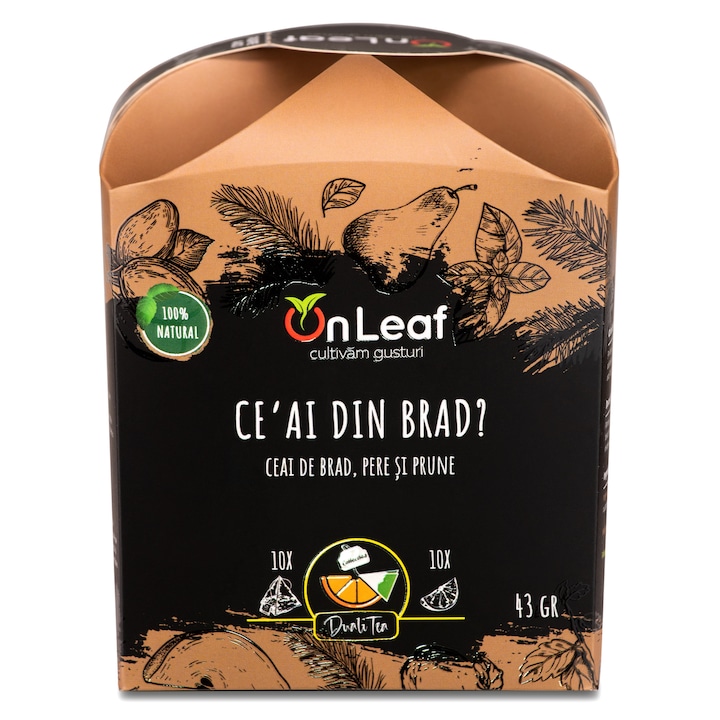 Ceai de Brad, Pere si Prune, OnLeaf, 10 pliculete si 10 bucatele de Fructe Deshidratate, 43 gr