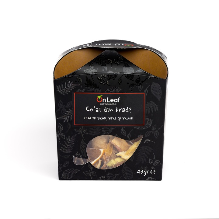 Fenyő, körte és szilva tea, OnLeaf, 10 tasak és 10 darab szárított gyümölcs, 43 gr