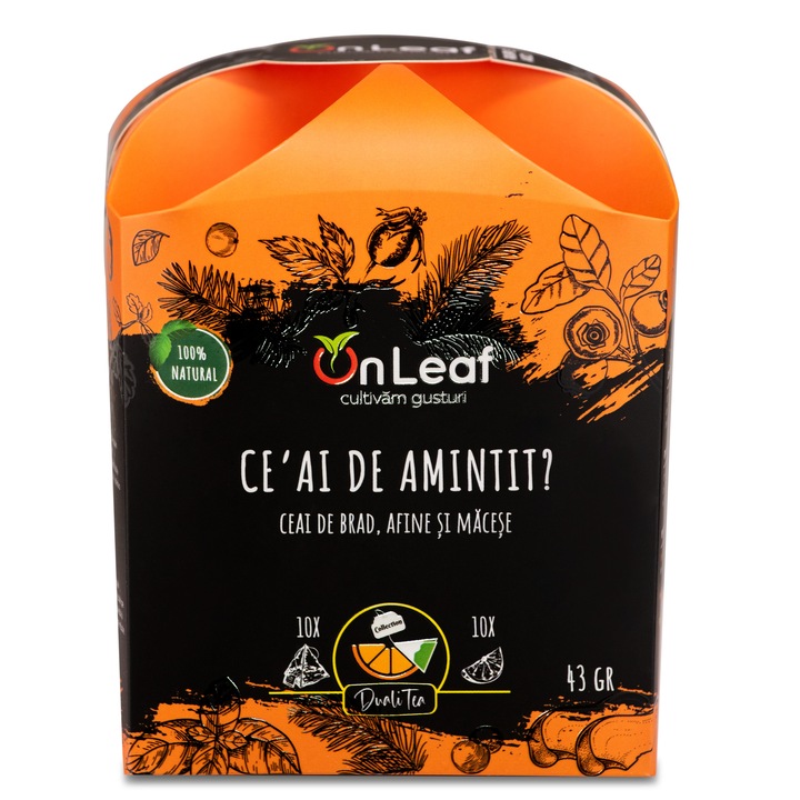 Ceai de Brad, Afine si Macese, OnLeaf, 10 pliculete si 10 bucatele de Fructe Deshidratate, 43 gr