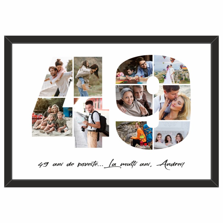 Tablou personalizat, fotografie si text, din lemn, Priti Global, cadou aniversare 49 ani, Negru, A3, 30 x 42 cm