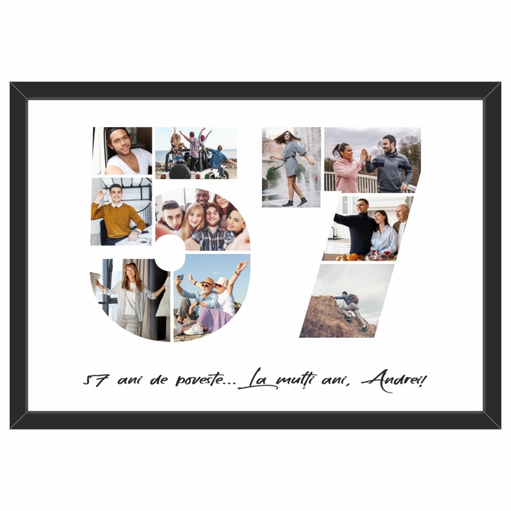 Tablou personalizat, fotografie si text, din lemn, Priti Global, cadou aniversare 57 ani, Negru, A3, 30 x 42 cm