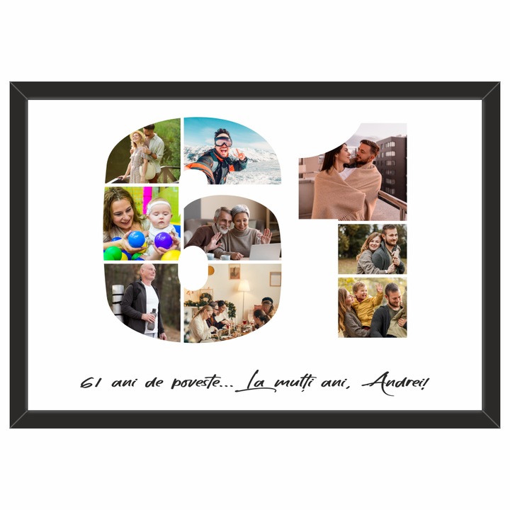 Tablou personalizat, fotografie si text, din lemn, Priti Global, cadou aniversare 61 ani, Negru, A3, 30 x 42 cm