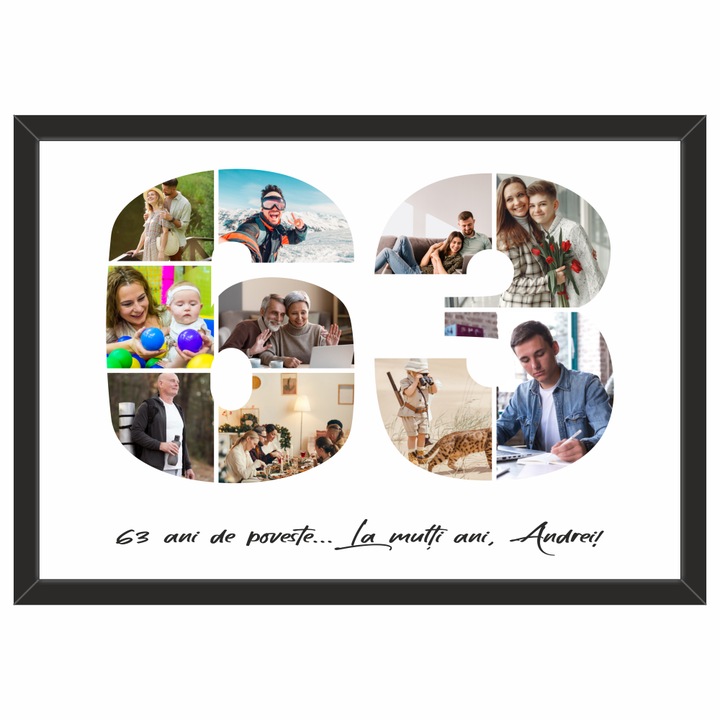 Tablou personalizat, fotografie si text, din lemn, Priti Global, cadou aniversare 63 ani, Negru, A3, 30 x 42 cm