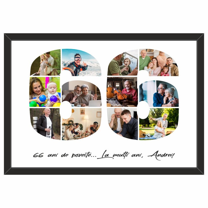 Tablou personalizat, fotografie si text, din lemn, Priti Global, cadou aniversare 66 ani, Negru, A3, 30 x 42 cm