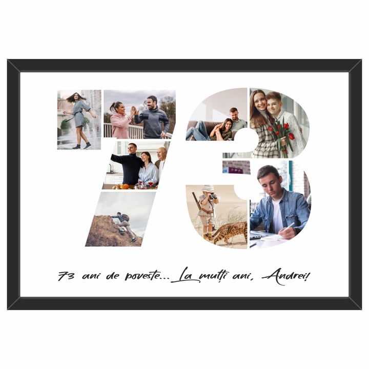 Tablou personalizat, fotografie si text, din lemn, Priti Global, cadou aniversare 73 ani, Negru, A3, 30 x 42 cm