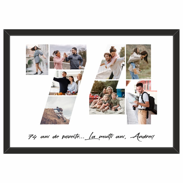 Tablou personalizat, fotografie si text, din lemn, Priti Global, cadou aniversare 74 ani, Negru, A3, 30 x 42 cm