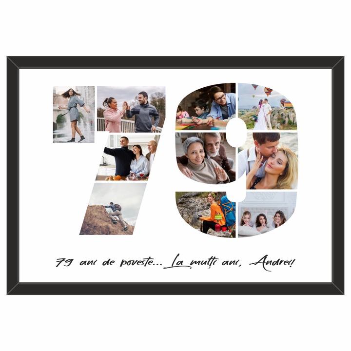 Tablou personalizat, fotografie si text, din lemn, Priti Global, cadou aniversare 79 ani, Negru, A3, 30 x 42 cm