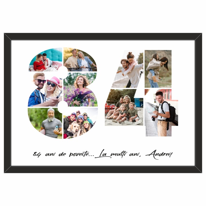 Tablou personalizat, fotografie si text, din lemn, Priti Global, cadou aniversare 84 ani, Negru, A3, 30 x 42 cm