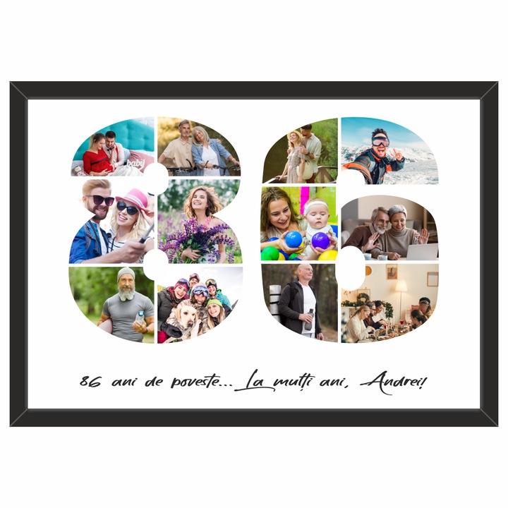 Tablou personalizat, fotografie si text, din lemn, Priti Global, cadou aniversare 86 ani, Negru, A3, 30 x 42 cm