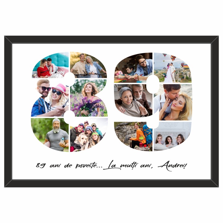 Tablou personalizat, fotografie si text, din lemn, Priti Global, cadou aniversare 89 ani, Negru, A3, 30 x 42 cm