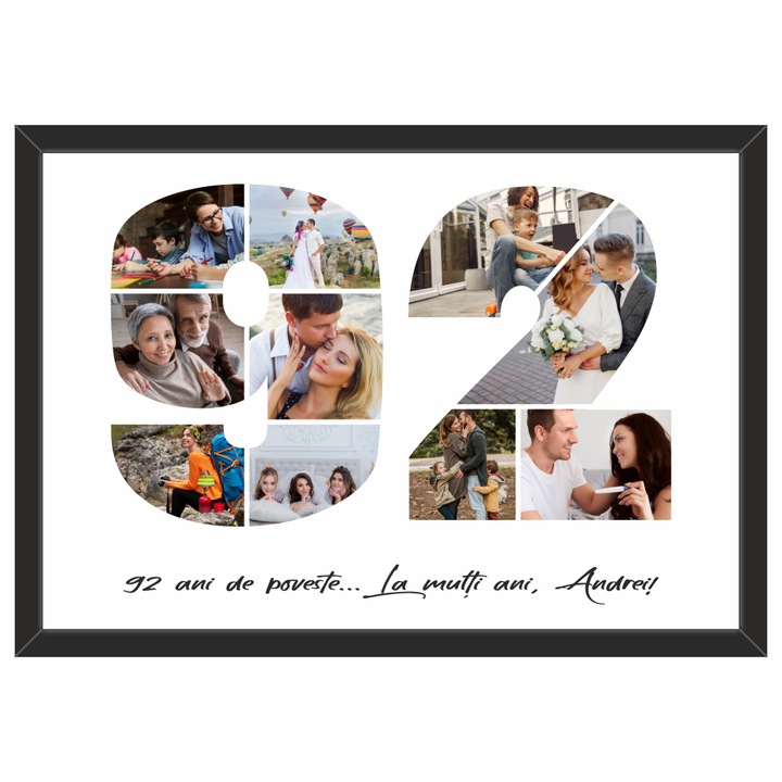 Tablou personalizat, fotografie si text, din lemn, Priti Global, cadou aniversare 92 ani, Negru, A3, 30 x 42 cm