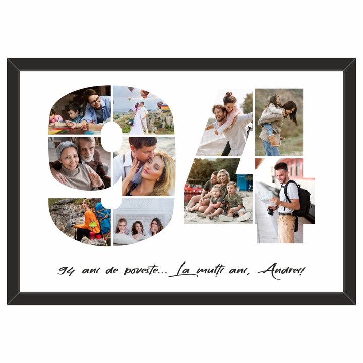 Tablou personalizat, fotografie si text, din lemn, Priti Global, cadou aniversare 94 ani, Negru, A3, 30 x 42 cm