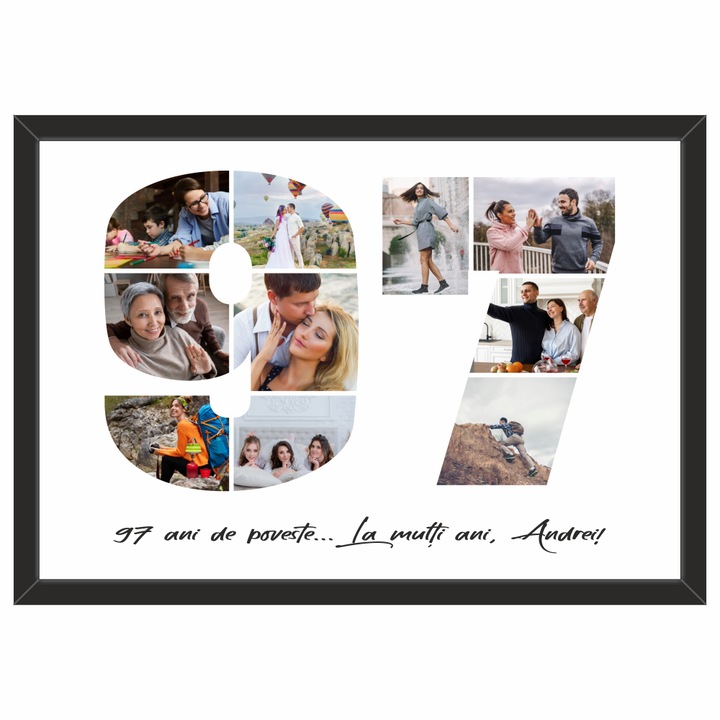 Tablou personalizat, fotografie si text, din lemn, Priti Global, cadou aniversare 97 ani, Negru, A3, 30 x 42 cm