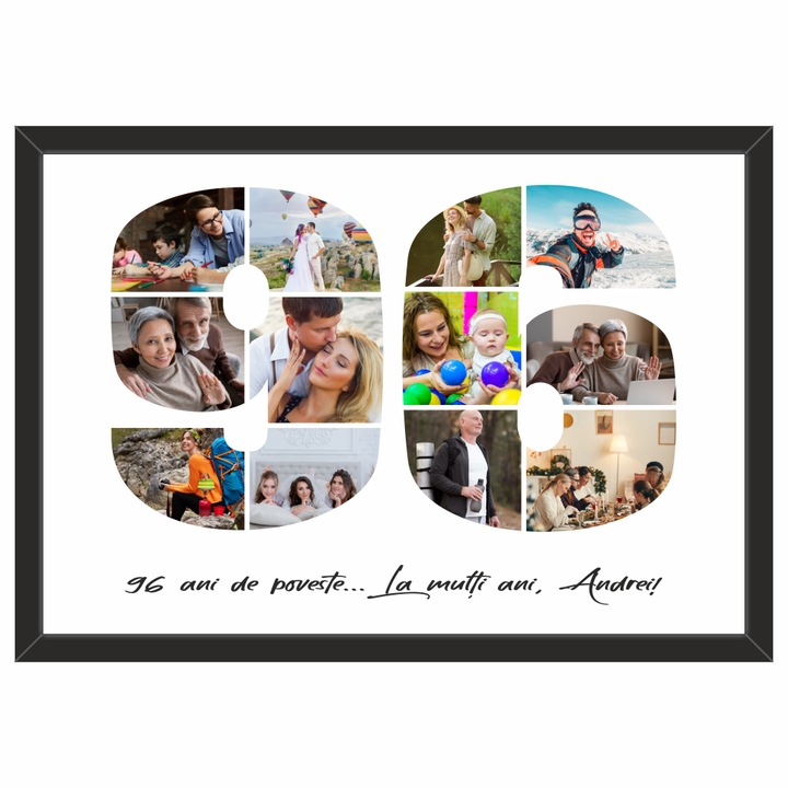 Tablou personalizat, fotografie si text, din lemn, Priti Global, cadou aniversare 96 ani, Negru, A3, 30 x 42 cm