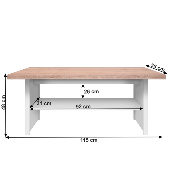 Холна Маса DacEnergy©, Изработена От Меламиново ПДЧ, С Място За Съхранение, Правоъгълна Форма, 115 x 48 x 55 см, Бяло Покритие И Дъб Сонома