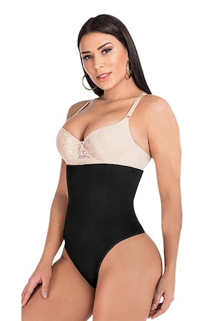 Lenjerie modelatoare tip burtiera cu chilot tanga, Talie inalta, Negru, Marime M-L