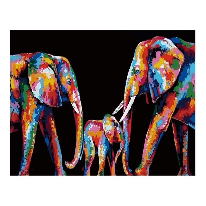 Set pictura pe numere familie elefanti cu panza pe rama lemn 40x50 cm