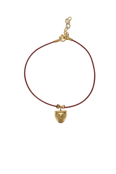 Bratara piele rosie cu masca, cultura Quimbaya, placata cu aur de 24 K, 18 - 21 cm