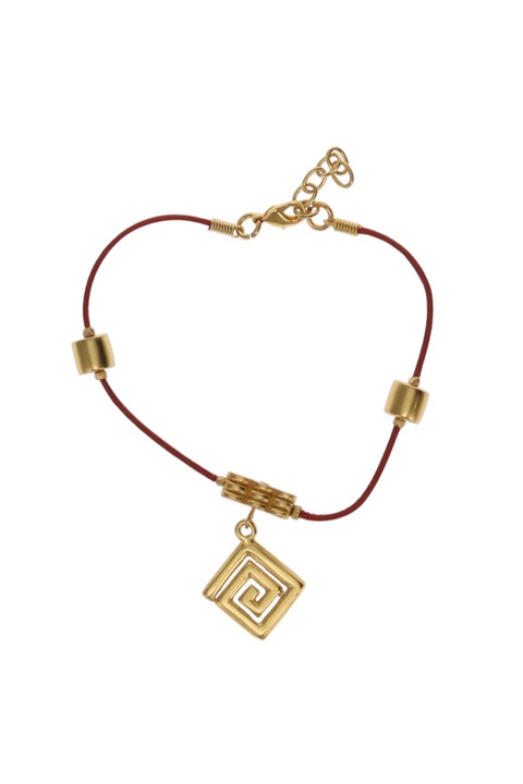 Bratara piele rosie, cu separatoare si spirala vietii stilizata, cultura Calima, placata cu aur de 24 K, 19 - 21 cm