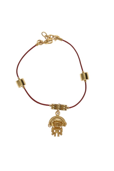 Bratara piele rosie, cu separatoare si omul jaguar, cultura Tairona, placata cu aur de 24 de K, 19.5 - 21.5 cm