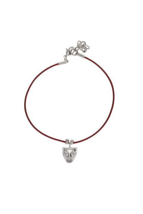 Bratara piele rosie, cu masca, cultura Quimbaya, placata cu argint 1000, 18 - 21 cm