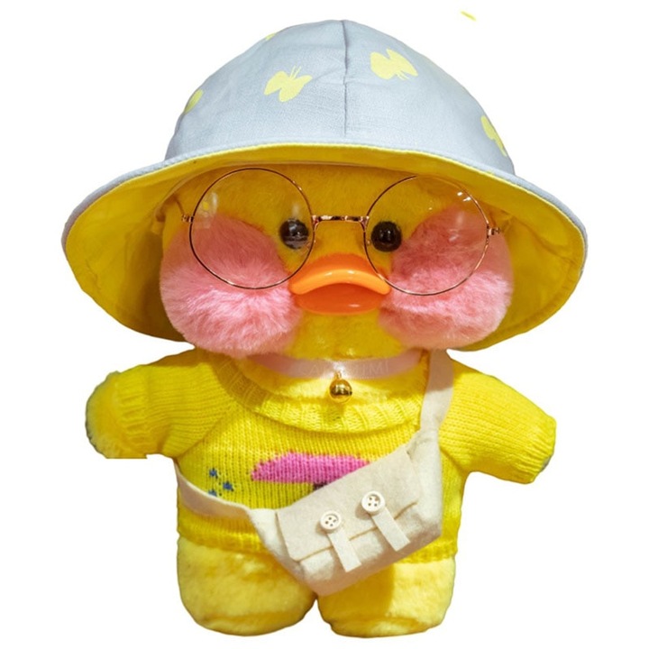 Jucarie de plus ratusca, Cu palarie albastra, 30 cm, Galben