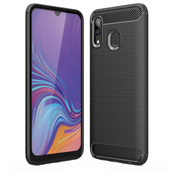 Szilikon tok Samsung Galaxy A40 készülékhez, TPU Ultra Protect Slim Anti-Shock, szénszálas, fekete