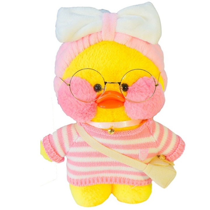 Jucarie de plus ratusca, Cu pulover roz/alb, 30 cm, Galben