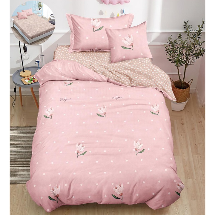 Комплект изящно спално бельо с ластик, чаршаф, плик за завивка, 2 калъфки за възглавница, за легло с размери 140x200 см, кафяво розово