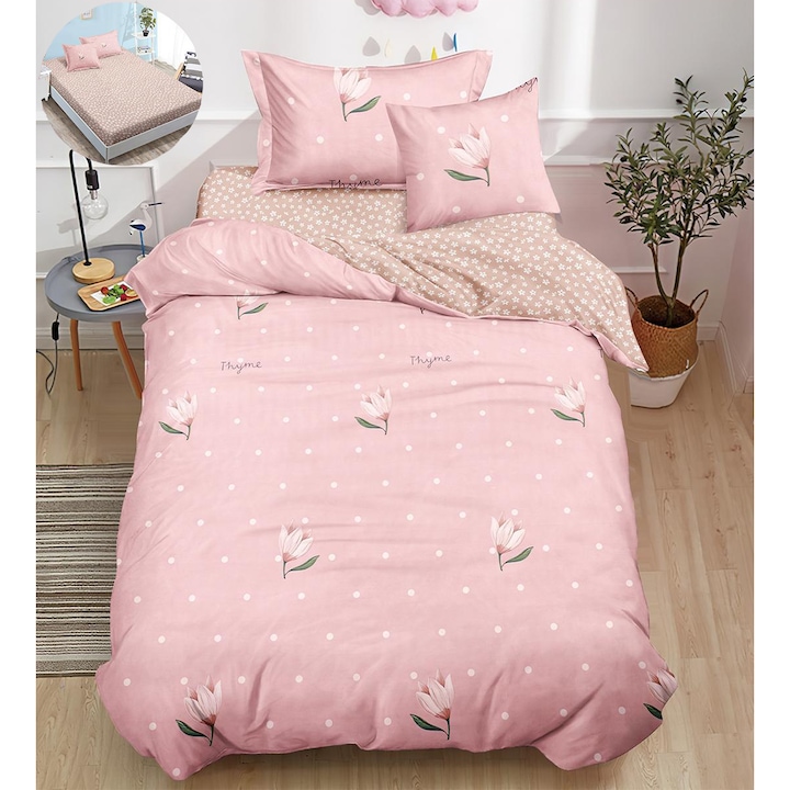 Set lenjerie de pat finet cu elastic, cearsaf, husa pilota, 2 huse perne, pentru pat de dimensiuni 140x200 cm, roz maro