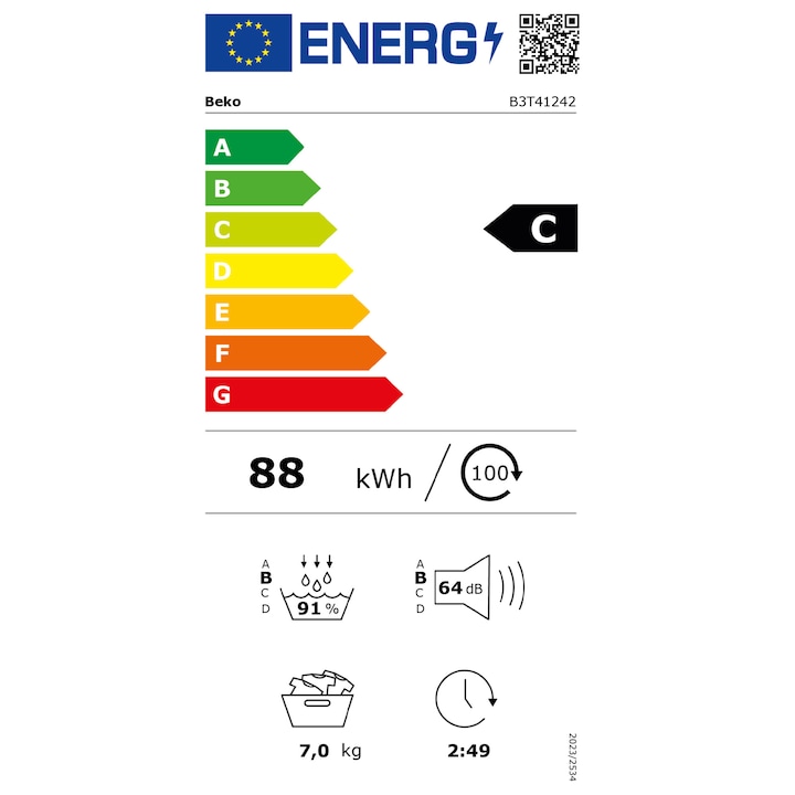 Uscator de rufe Beko B3T41242, 7 kg, Clasa C, Pompa de caldura Eco Gentle, Aquawave, Optisense, Alb