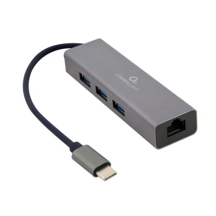 Hub si Adaptor retea USB-C, 3 x USB 3.1, 1 x RJ45 1000 Mbps, Gembird