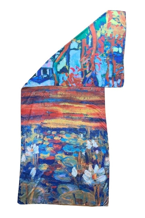 Esarfa tip sal doua fete pictata NA, matase, portocaliu/rosu, 180x70cm