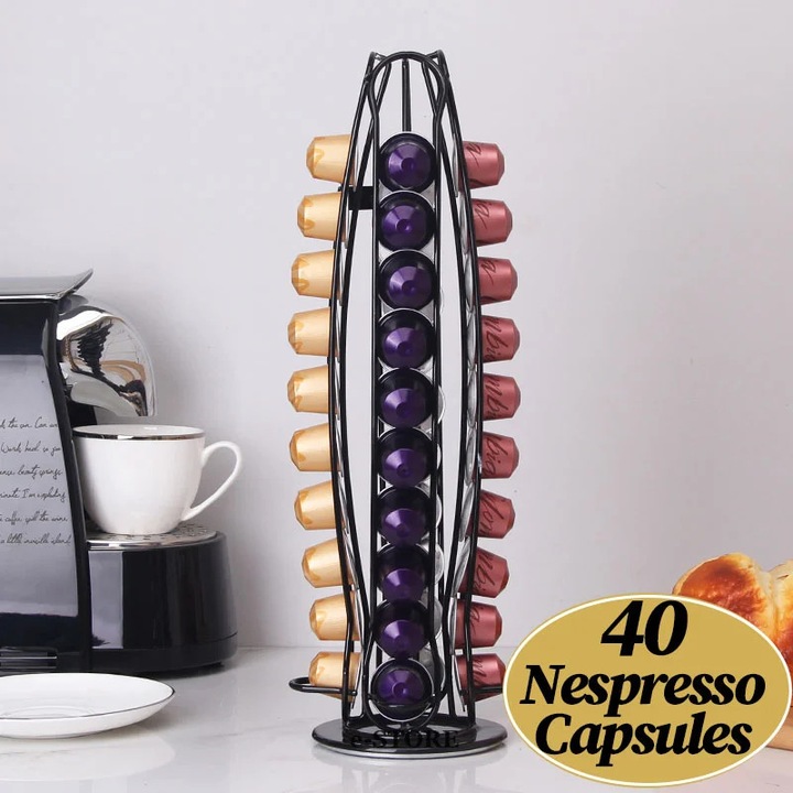 Suport 40 capsule cafea Nespresso Original Line, rotativ, negru, otel, 40x14cm, Callena