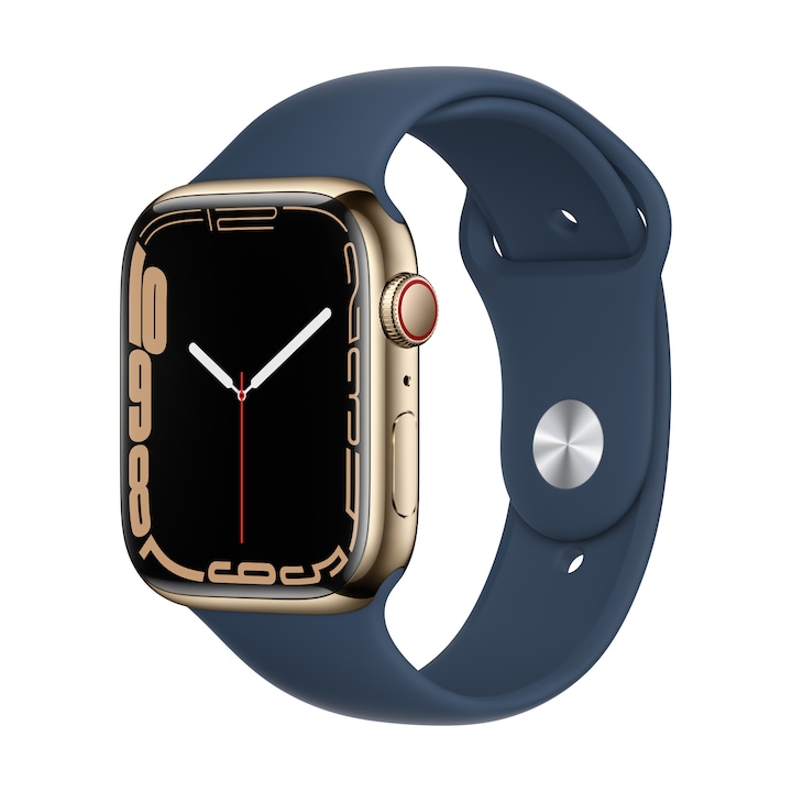 Apple Watch Series 7 GPS + Cellular, 45mm, Arany, Rozsdamentes acél tok, Kék sportszíj
