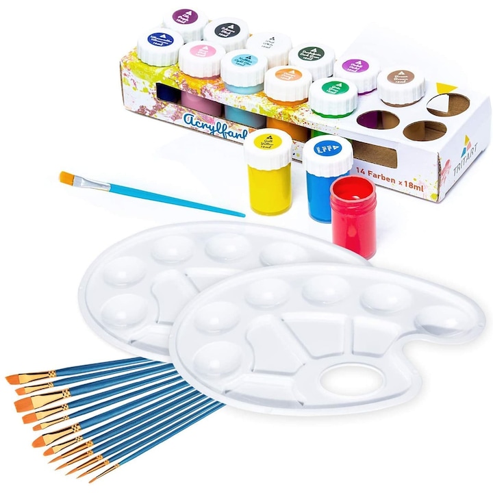 Set de Vopsele Acrilice, Tritart, 12 Perii si 2 Palete, 14 Vopsele, 252 ml