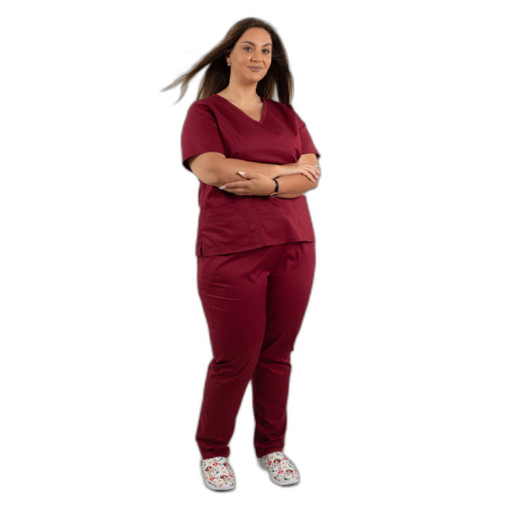 Costum medical dama slim fit Model Mara, grena– set bluza si pantalon, marimea, XXL